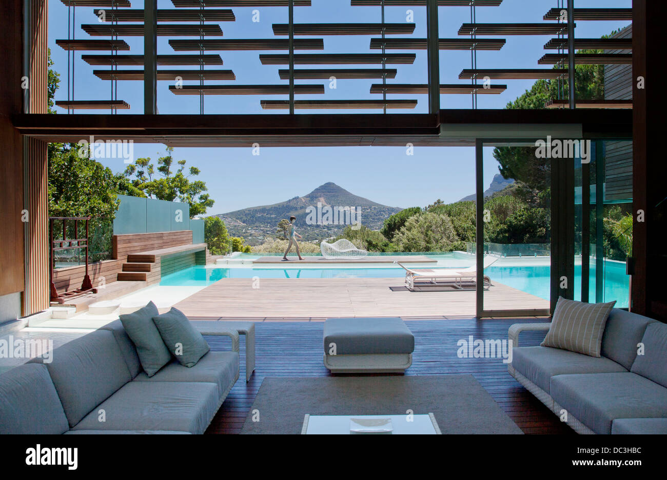 View of swimming pool and mountains Stock Photo