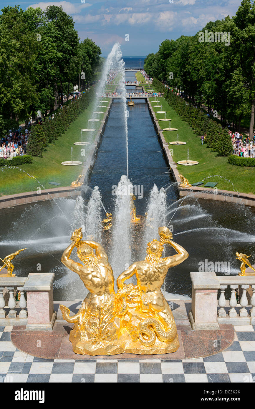 Peterhof palace gardens and fountains Stock Photo