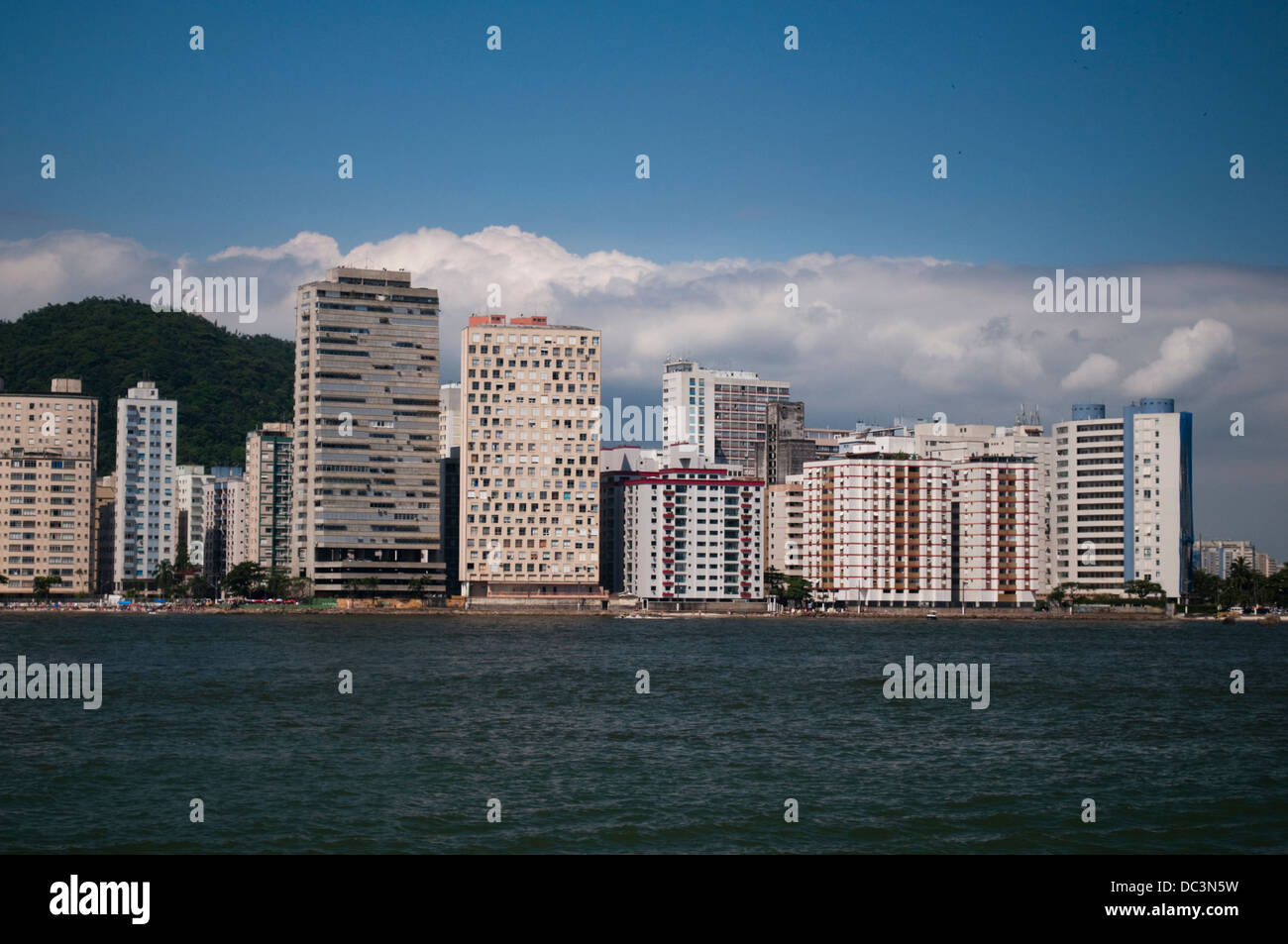 buildings at shore line in the city of Sao Vicente, shore of Sao Paulo state, Brazil Stock Photo