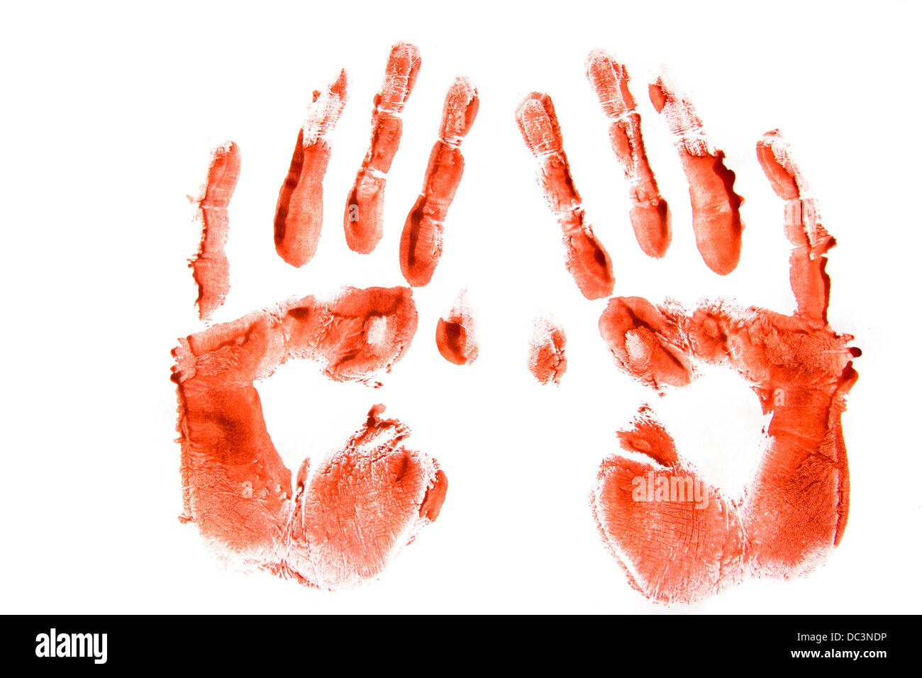 Bloodly red hand prints pair isolated on white background. Stock Photo