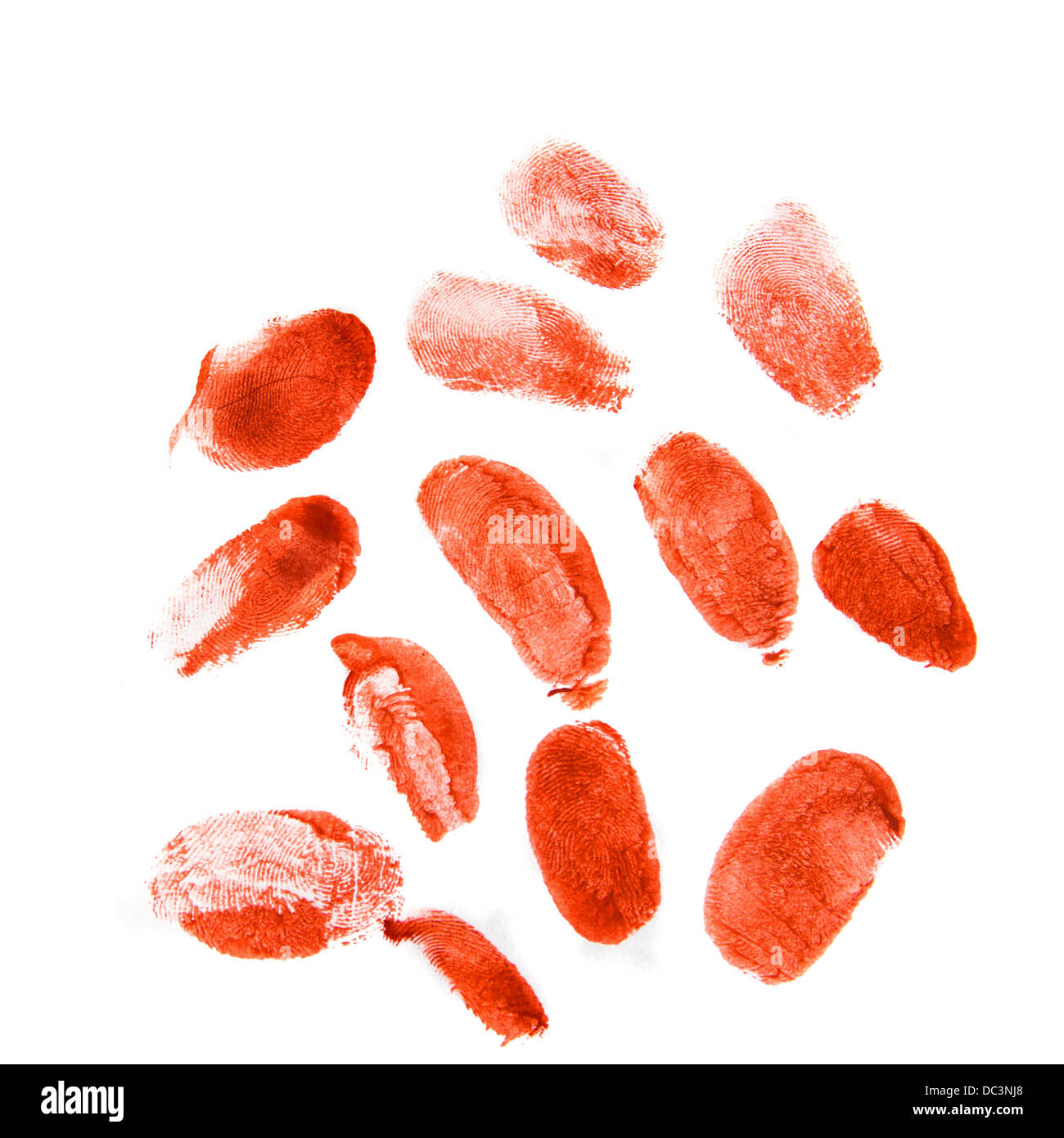 Bloodly red finger prints isolated on white background (set, setting) Stock Photo