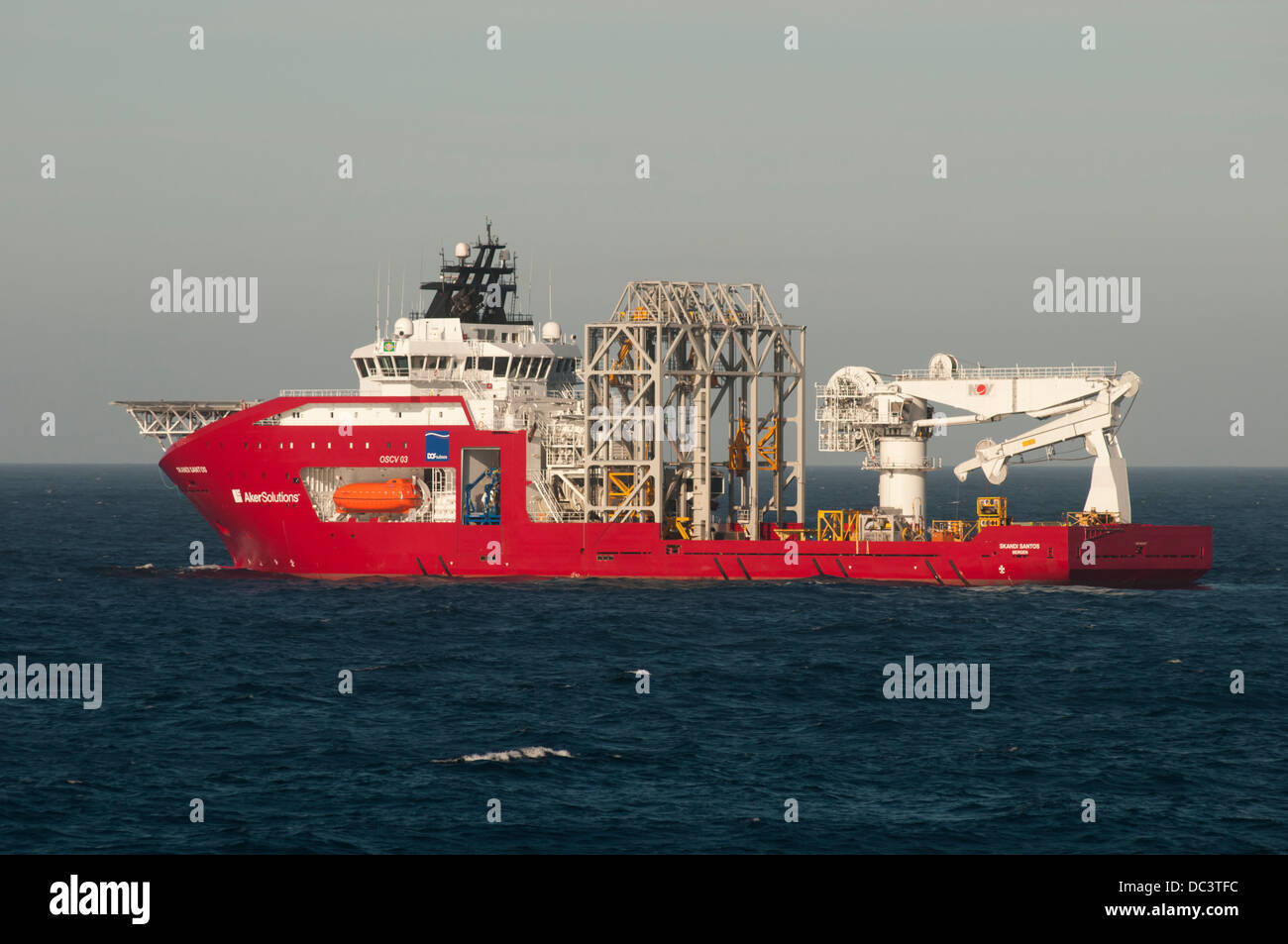 Sakndi Santos diving support offshore vessel, at campos basin, Rio de Janeiro, Brazil. Stock Photo