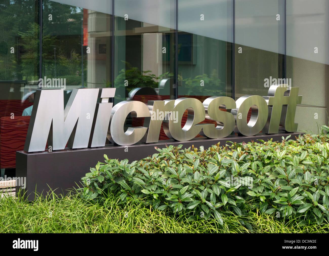 'Microsoft' sign outside one of the main buildings at Microsoft Head Office Campus in Redmond, Washington, USA Stock Photo