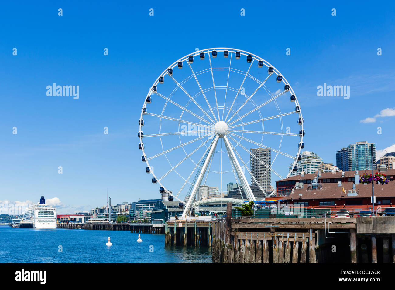 The Seattle Great Wheel from a harbor cruise boat, Seattle, Washington, USA Stock Photo