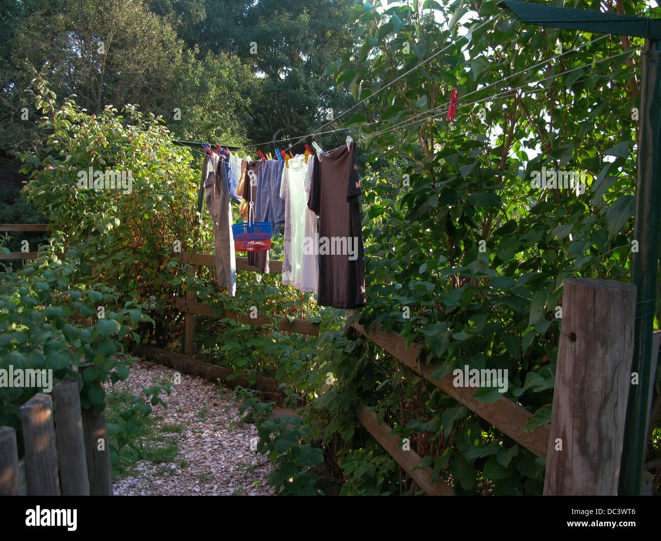 WASHING DRYING ON OUTDOOR CLOTHES LINE IN GARDEN Stock Photo Alamy