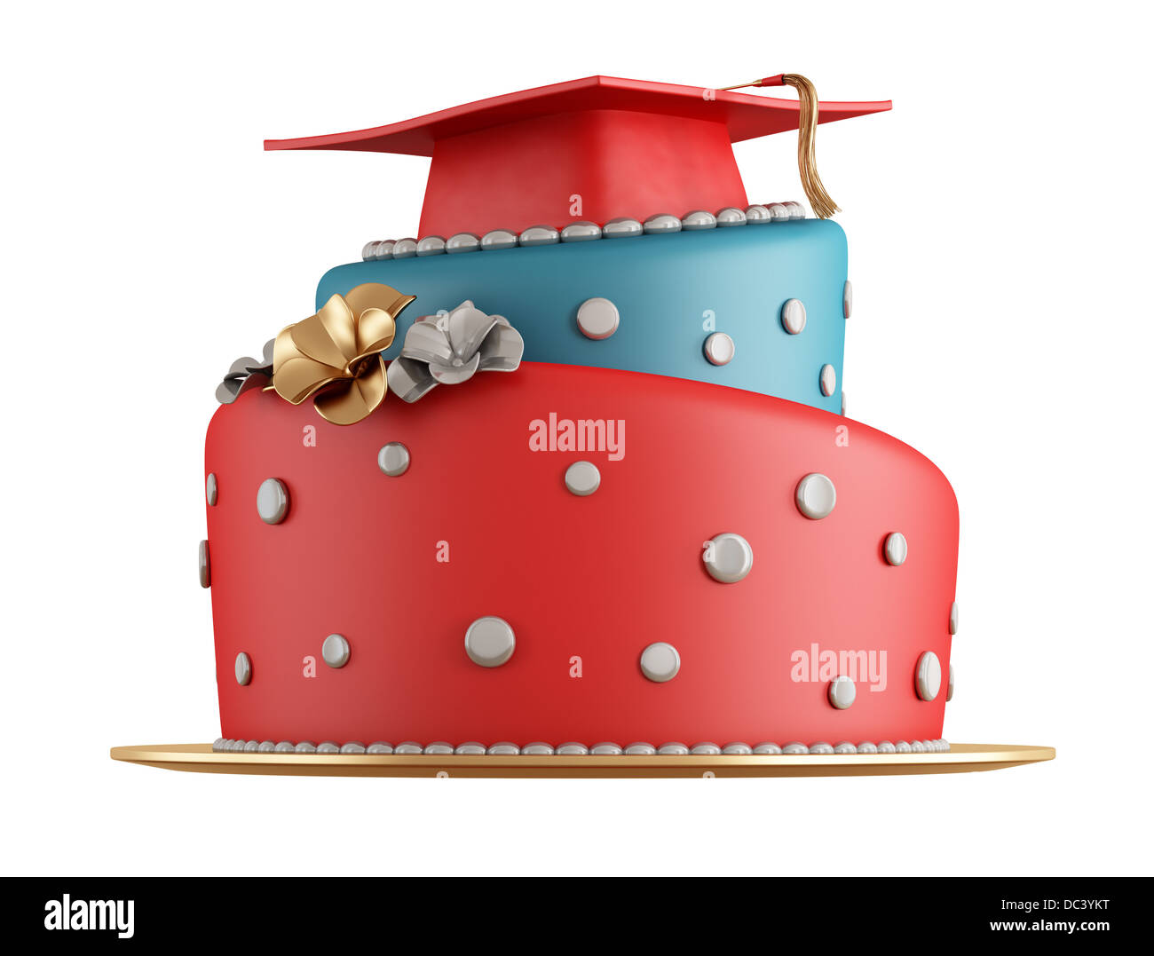 Red and blue graduation cake with cap on the top rendering Stock