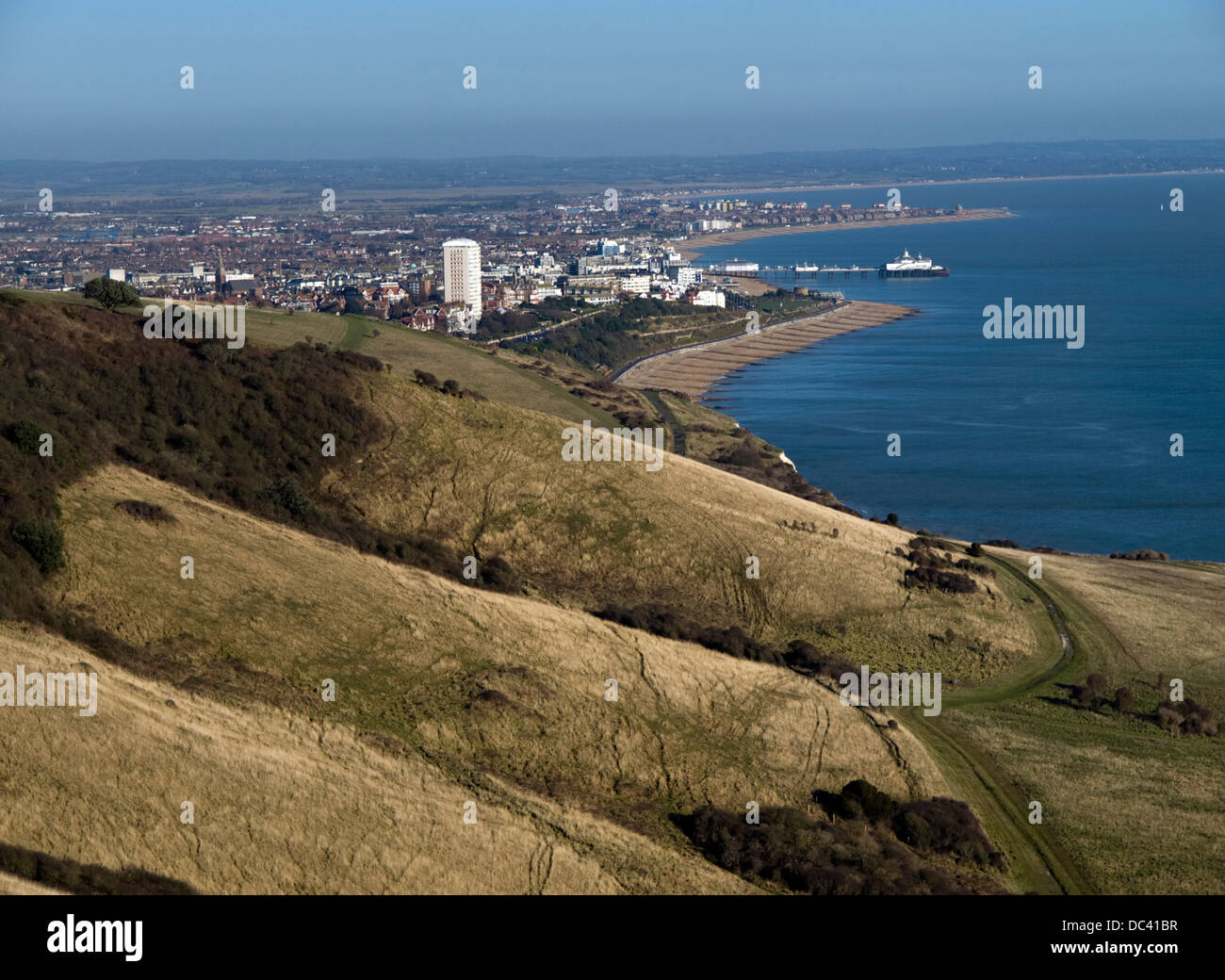 A view of Eastbourne from Beachy Head. Eastbourne pier can be clearly