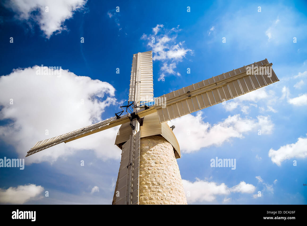 Montifiori windmill in Yemin Moshe, Jerusalem on background of blue sky Stock Photo