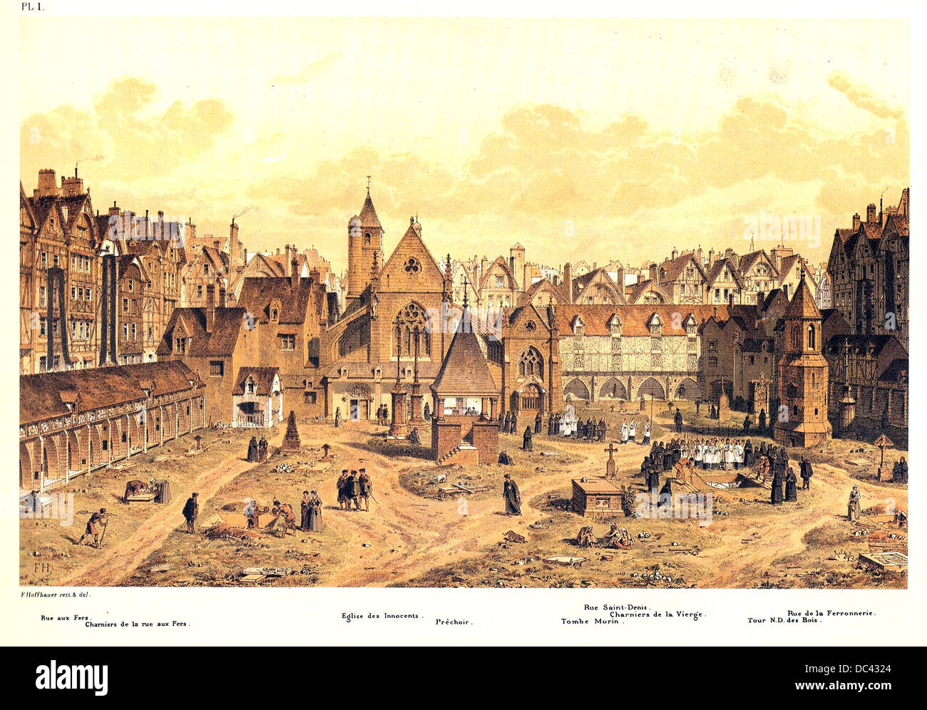 Engraving depicting the Saints Innocents cemetery in Paris, around the year 1550 Stock Photo