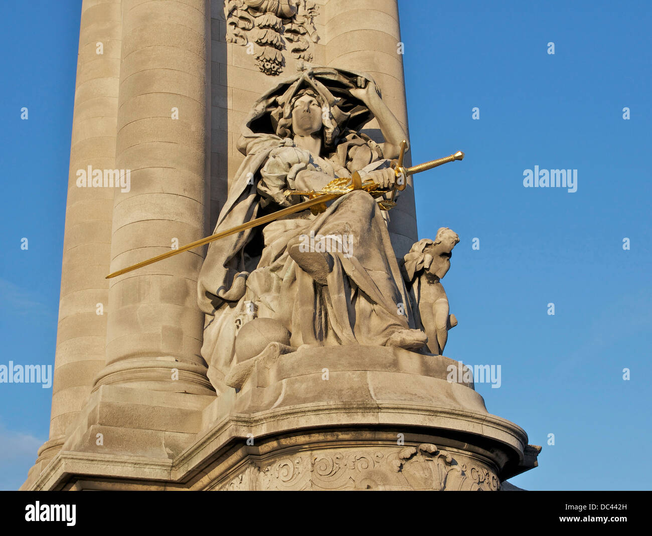Allegory of 'France of the Renaissance', by Jules Coutan, detail of Alexandre III bridge, in Paris. Stock Photo