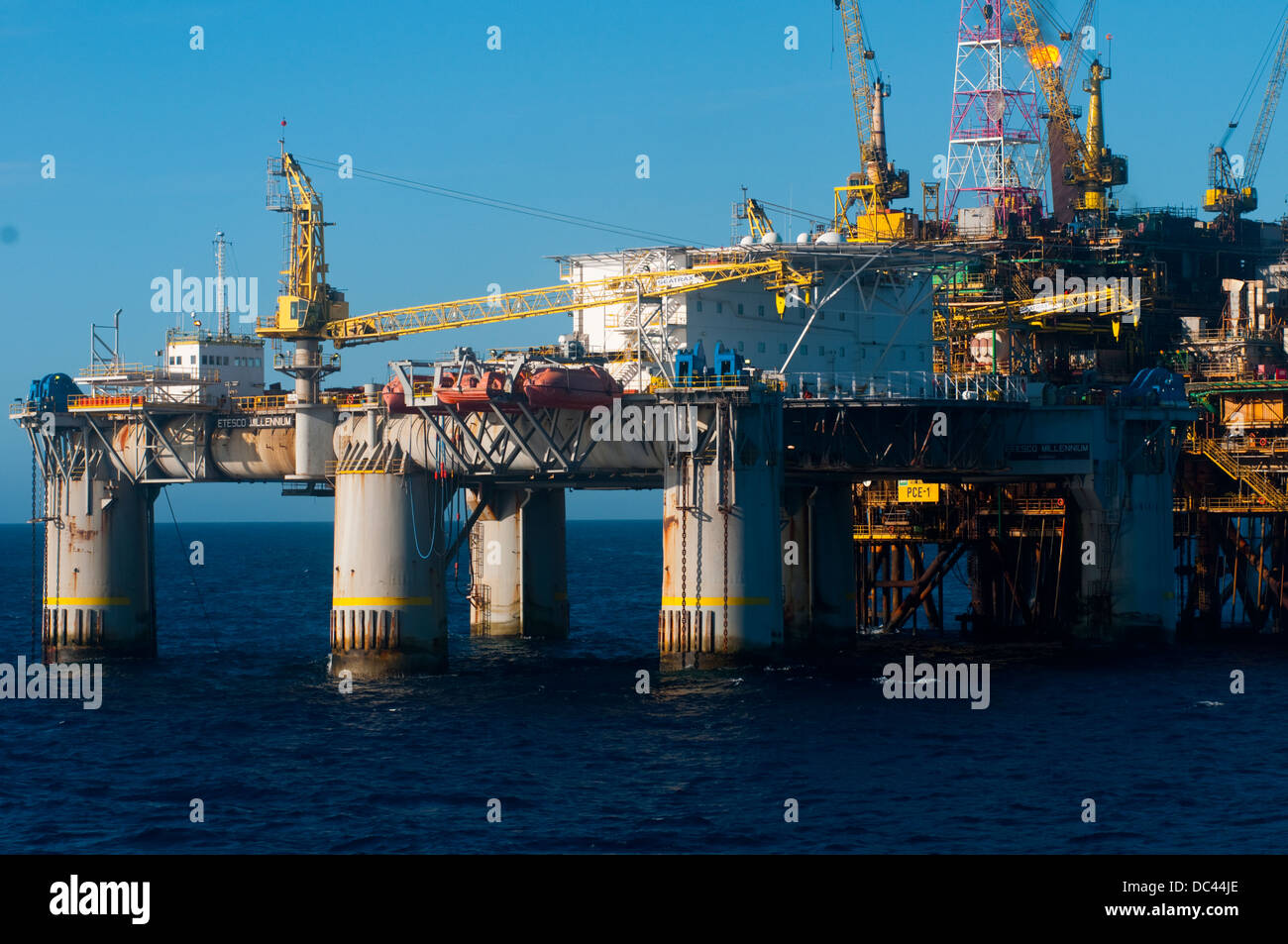 PCE-1 oil rig offshore Rio de Janeiro with floating hotel connected to it. Working for Petrobras. Stock Photo