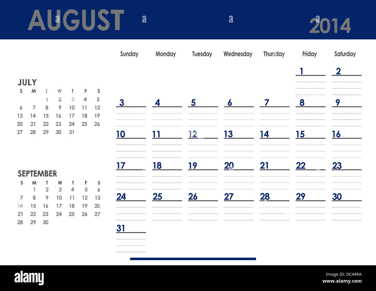 Monthly calendar for 2014 year - August. Start on Sunday. With previous and next months Stock Photo