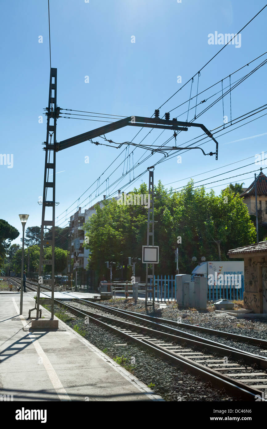 Overhead power line supply to Spanish railway trains Stock Photo