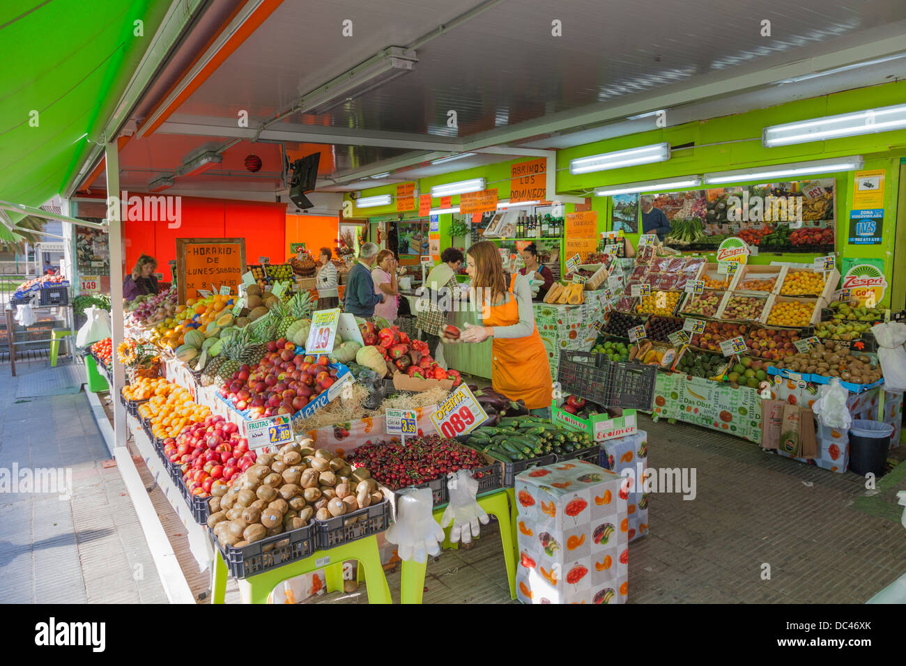 Large display of fruit and vegetables  in Spanish shop. Stock Photo
