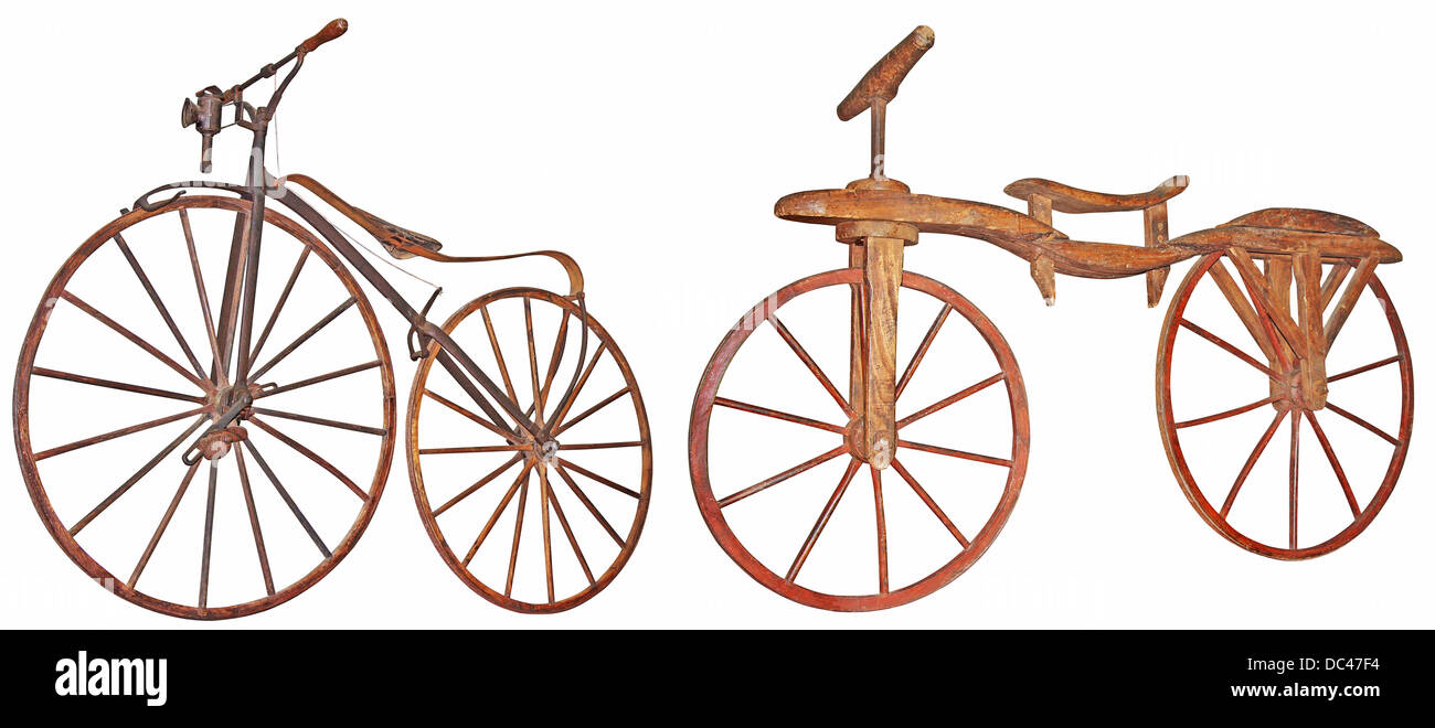 Old wooden bicycle isolated on white background Stock Photo Alamy
