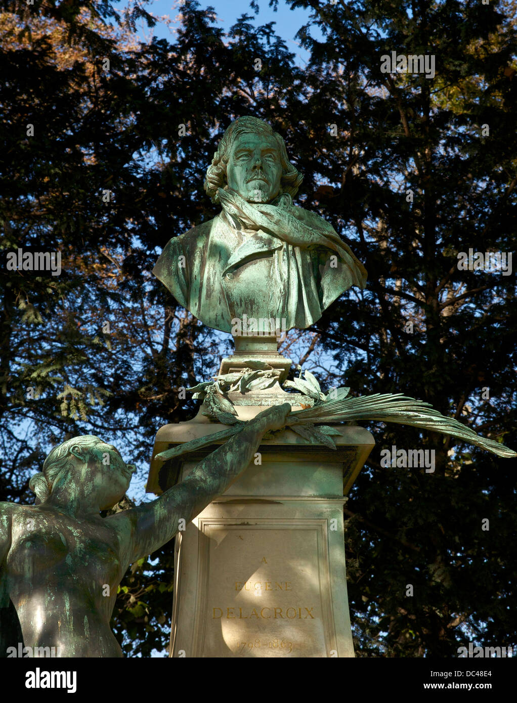 Detail of the monument to Eugène Delacroix (1798-1863): the bust of the painter Stock Photo