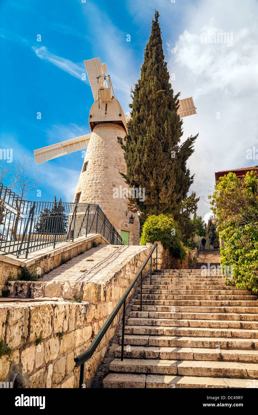 Stairs goes up to the Montifiori windmill in Jerusalem Stock Photo
