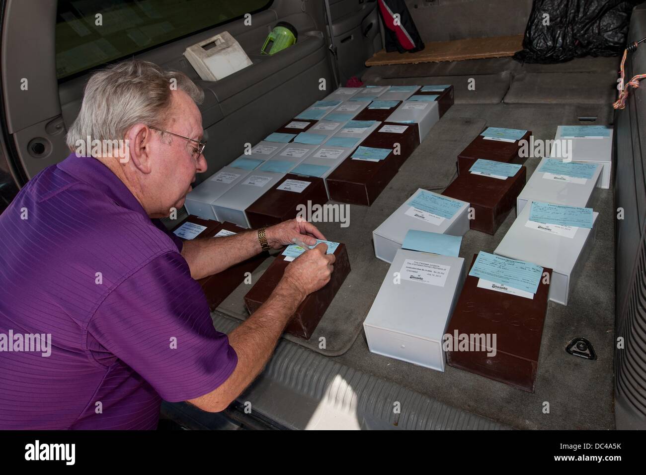 Tucson, Arizona, USA. 7th Aug, 2013. RON ADAIR, of the Adair Funeral Home, sorts and catalogs