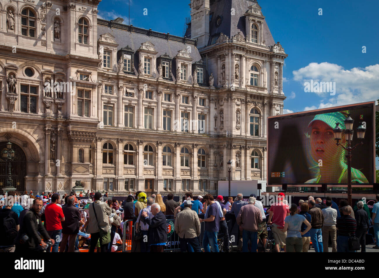 Watching Tennis Pro Sharapova on the Jumbo-Tron at Hotel de Ville during the French Open, Paris France Stock Photo