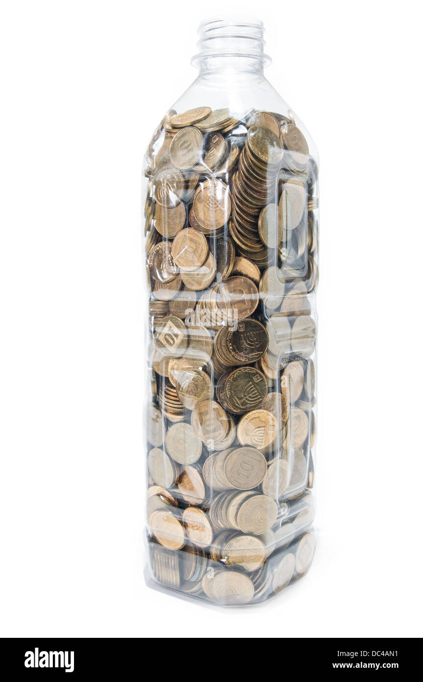 Plastic bottle with coins on white background Stock Photo Alamy