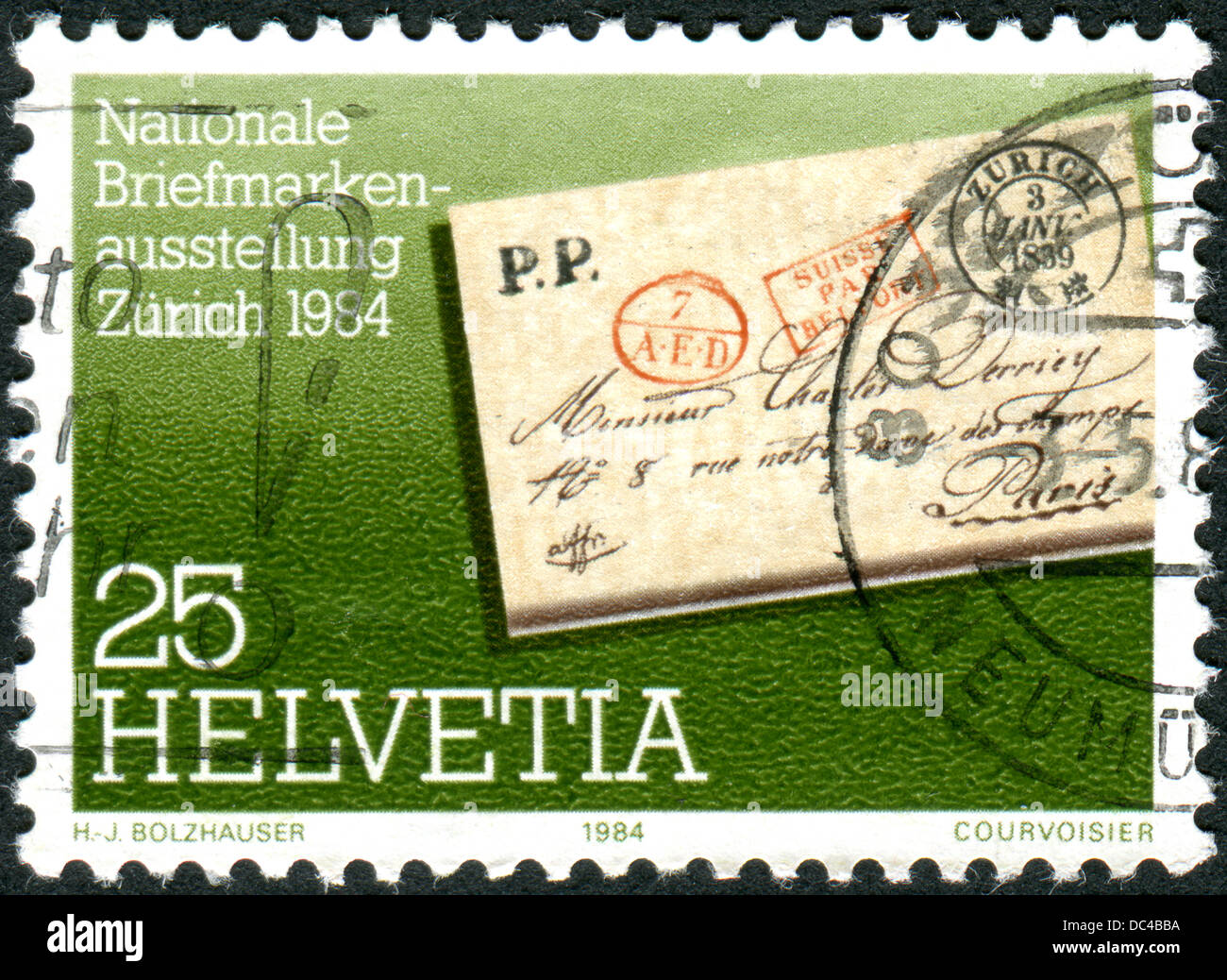 A stamp printed in Switzerland, dedicated to NABA-ZURI'84 National Stamp Show, Zurich Stock Photo