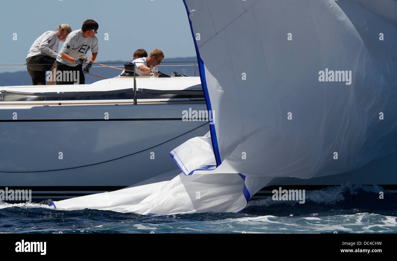 Racing sailing boats seen during a regatta in the Spanish island of
