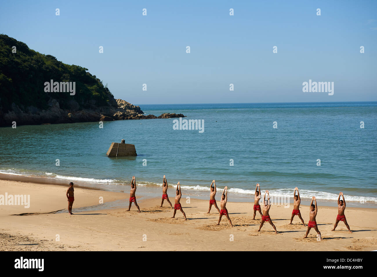 Taiwanese Navy Seals, nicknamed "frogmen" train and do exercises to keep in shape on the beach of Nangan on Matsu Island. Stock Photo
