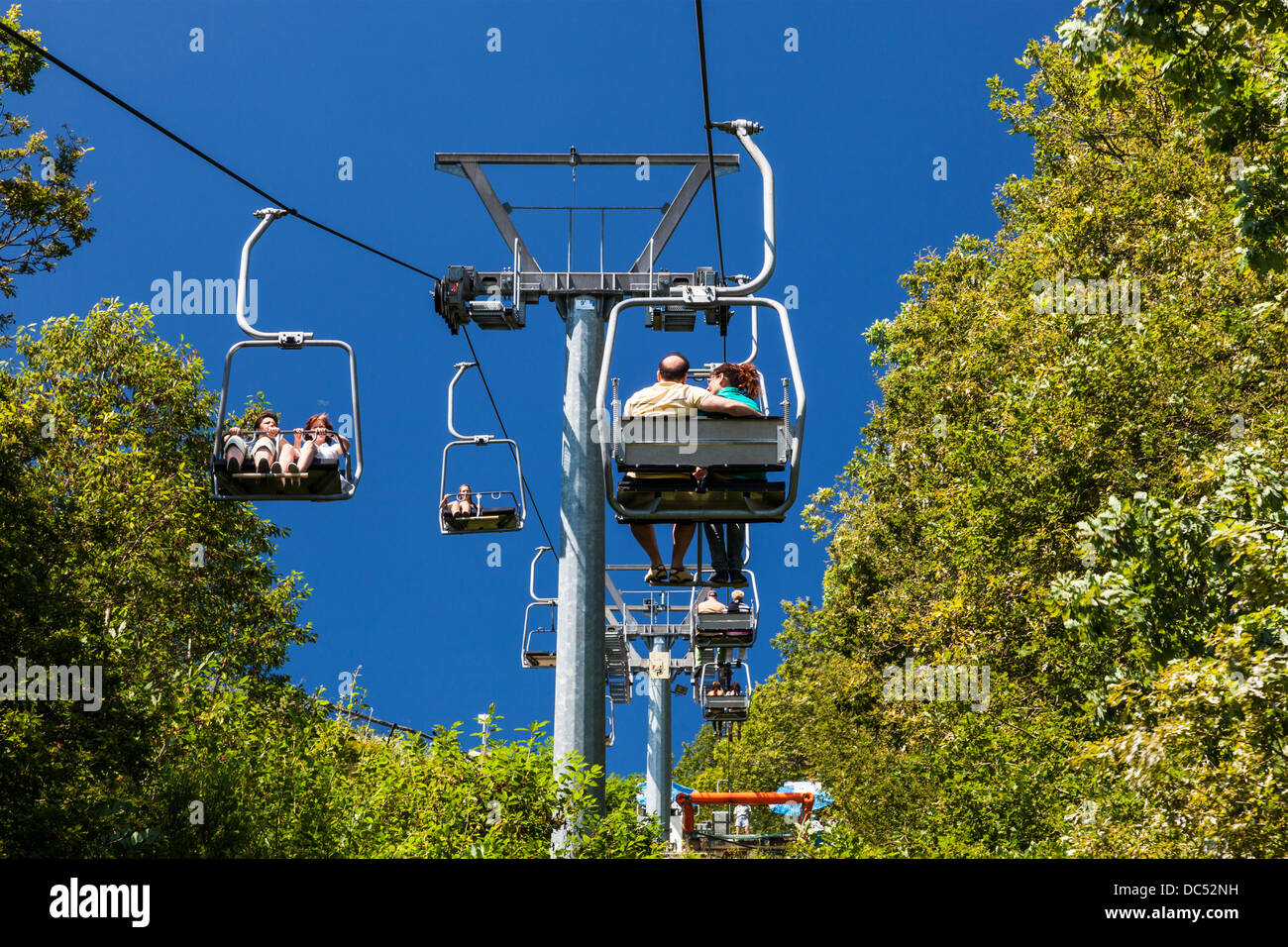 The chairlift at Vianden in Luxembourg takes tourists to and from the castle. Stock Photo