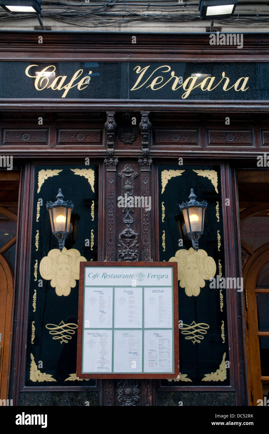 Facade of Cafe Vergara, close view. Madrid, Spain. Stock Photo