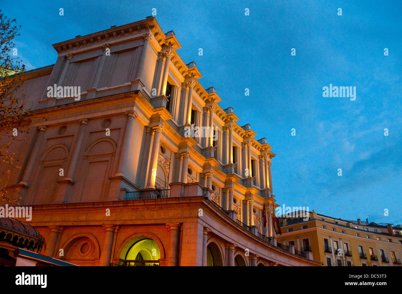 Facade of Royal Theater, night view. Oriente Square, Madrid, Spain. Stock Photo