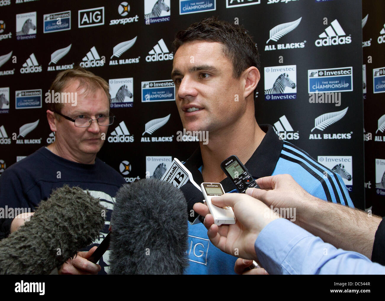 Wellington, New Zealand. 09th Aug, 2013. Dan Carter of the All Blacks speaks during a media stand up ahead of their first match of the Investec rugby championship. Carter also confirms his extended break from rugby following the All Blacks European Tour in November. Credit:  Action Plus Sports/Alamy Live News Stock Photo