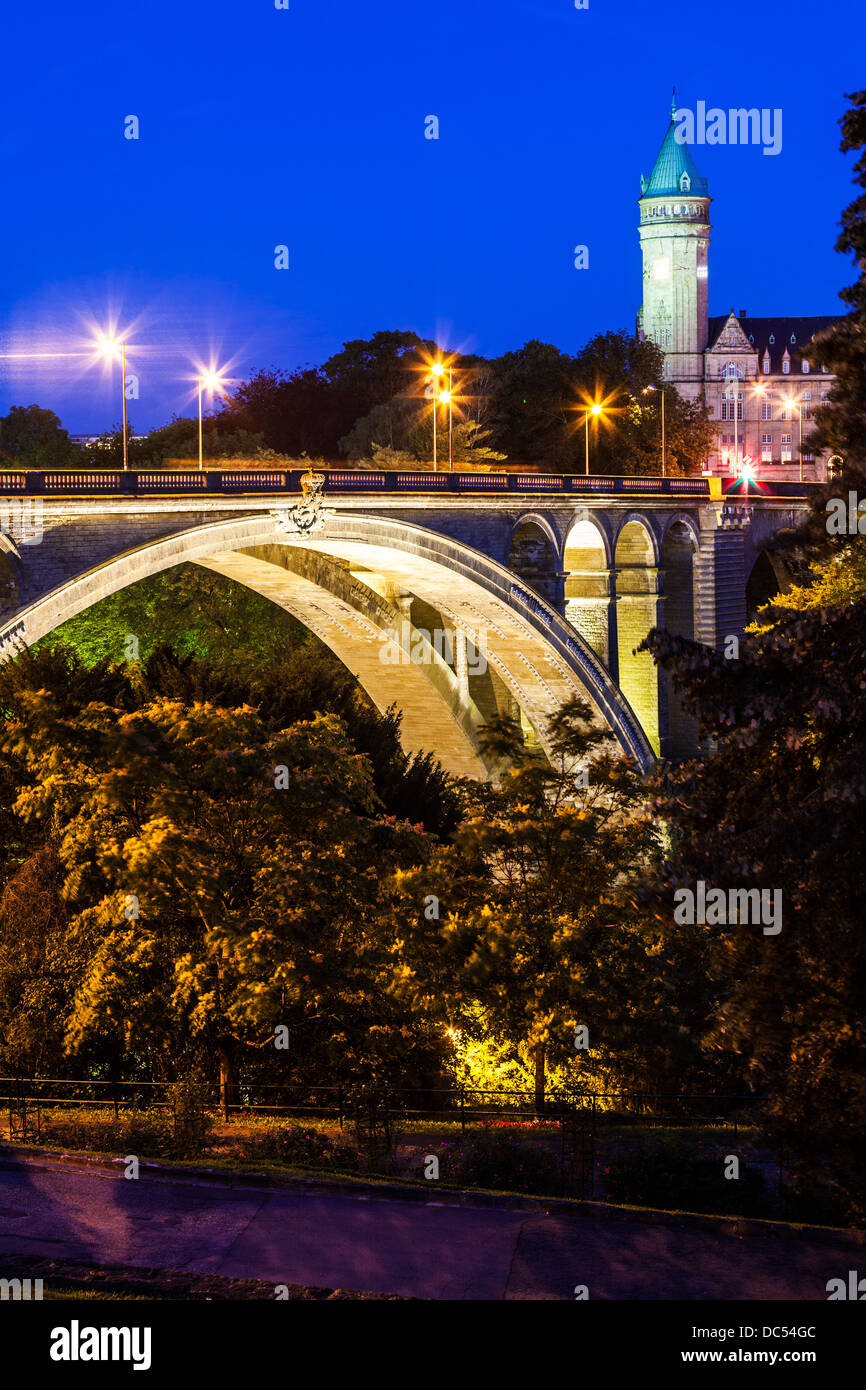 Twilight over Adolphe Bridge and the State Savings Bank in Luxembourg City. Stock Photo