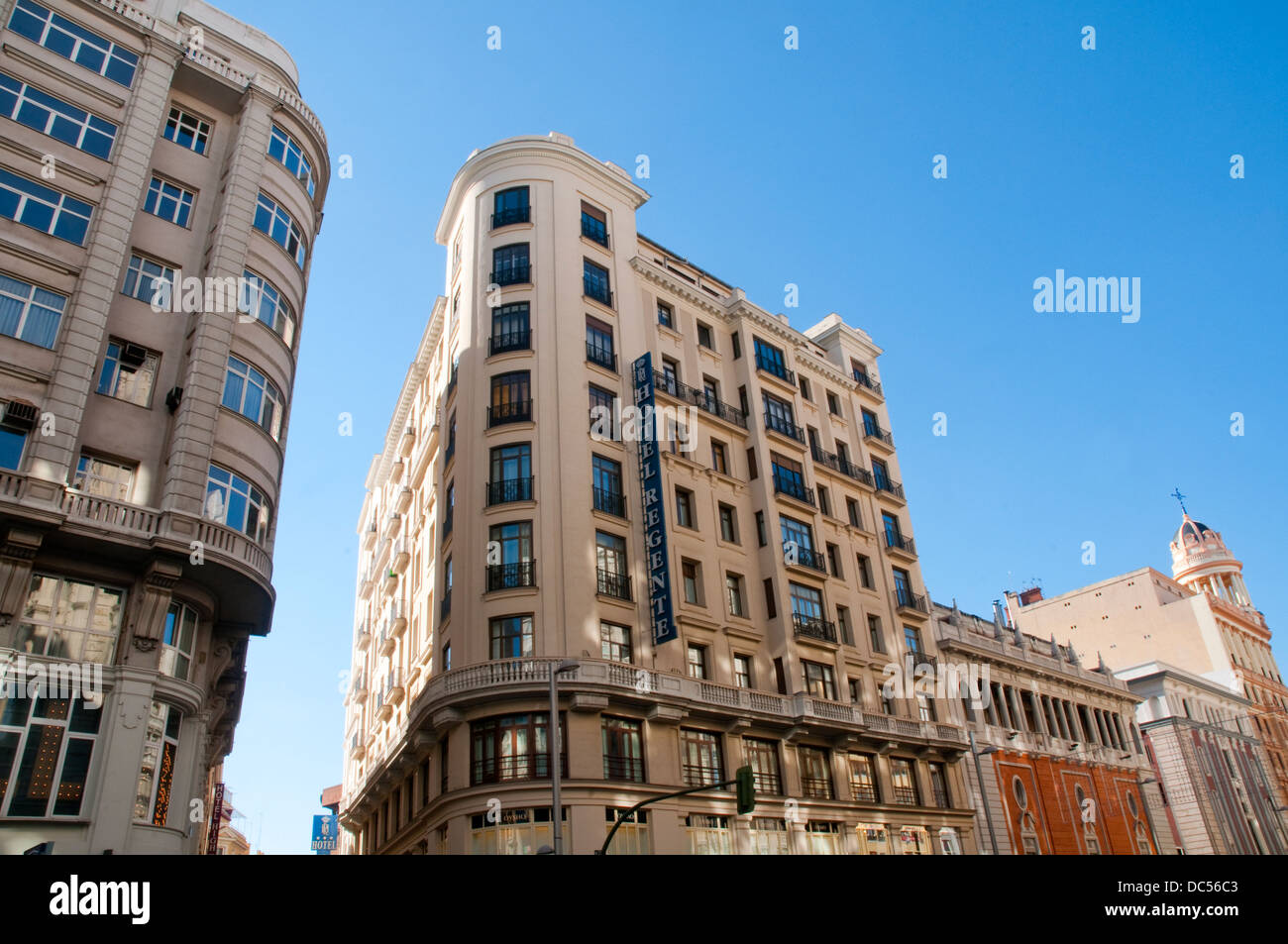 Facade of Regente Hotel building. Gran Via, Madrid, Spain. Stock Photo