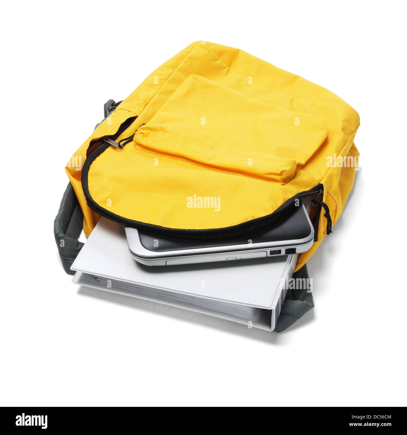 Laptop And File In Yellow Backpack On White Background Stock Photo