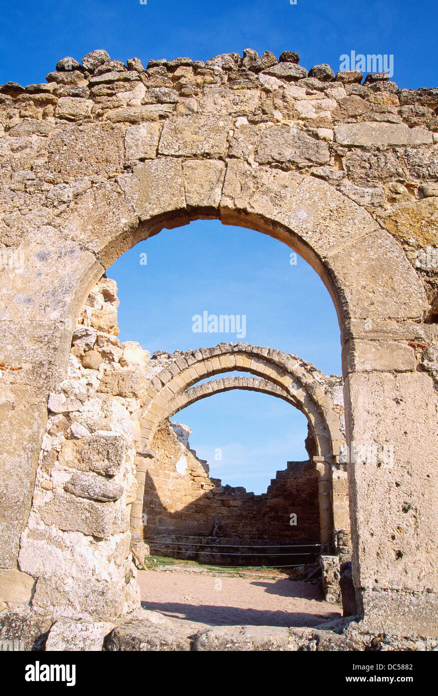 Ruins of the basilica. Recopolis Archaeological park, Zorita de los Canes, Guadalajara province, Castilla La Mancha, Spain. Stock Photo