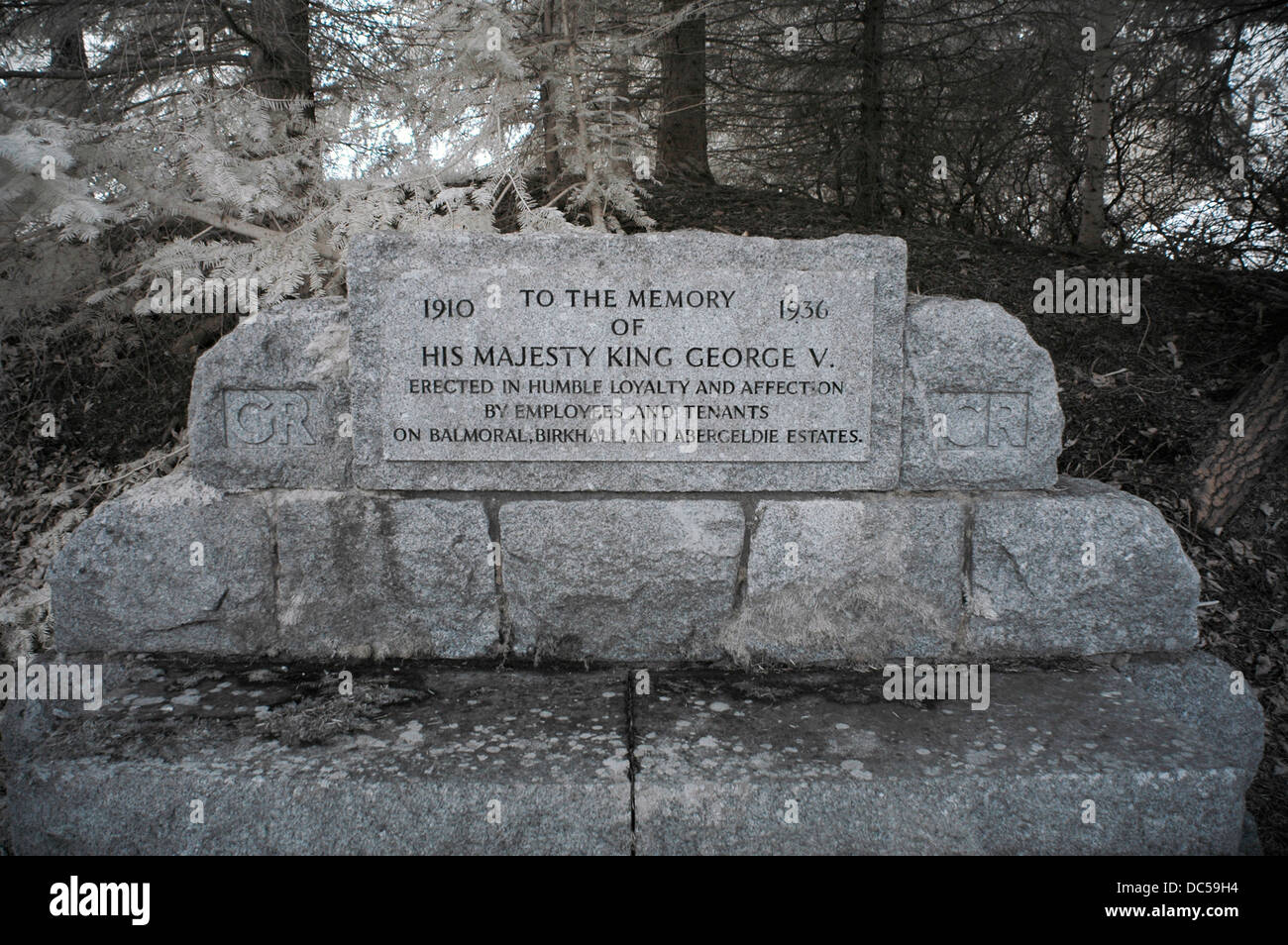 An infrared image of a memorial stone set in the grounds of Balmoral Castle, Royal Deeside, Scotland, UK Stock Photo