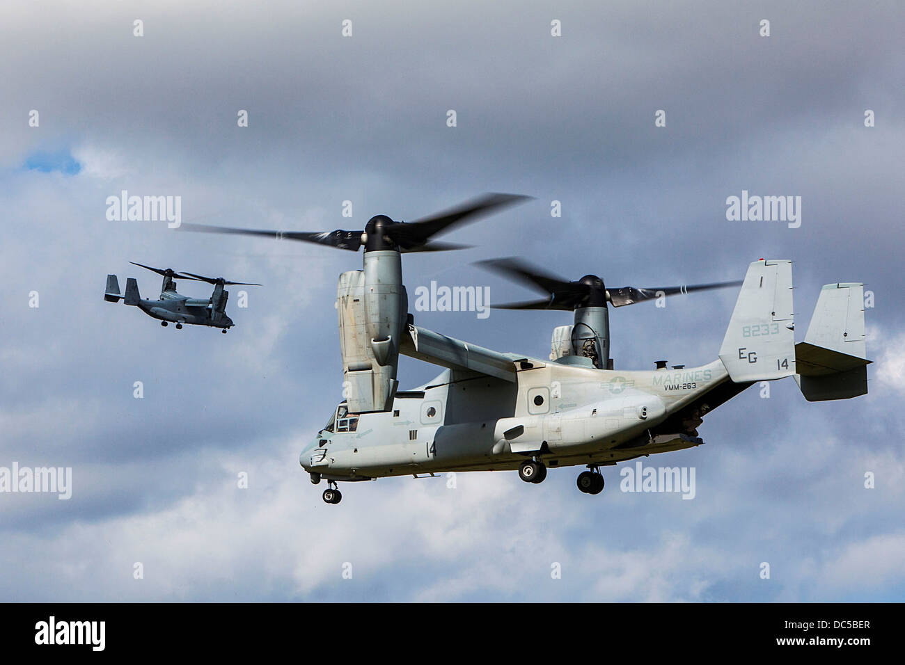 US Marine Corp MV-22 Osprey aircraft prepare to land in a field during a mass casualty evacuation exercise August 7, 2013 at Marine Corps Base Camp Lejeune, North Carolina. Stock Photo