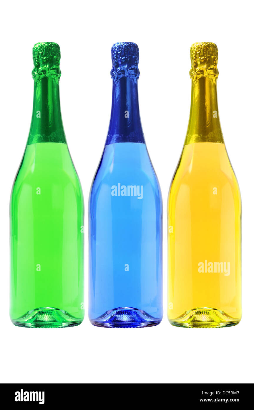 Three Bottles Of Colorful Carbonated Drinks On White Background Stock Photo