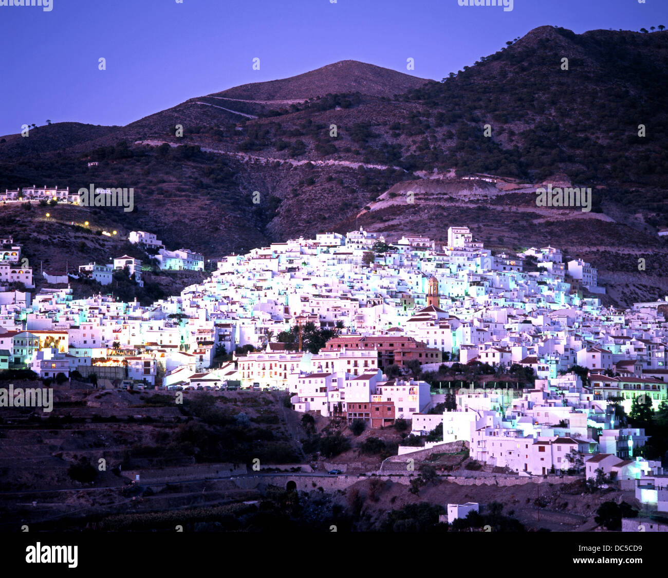 Dusk over the town, Competa, The Axarquia, Malaga Province, Spain ...