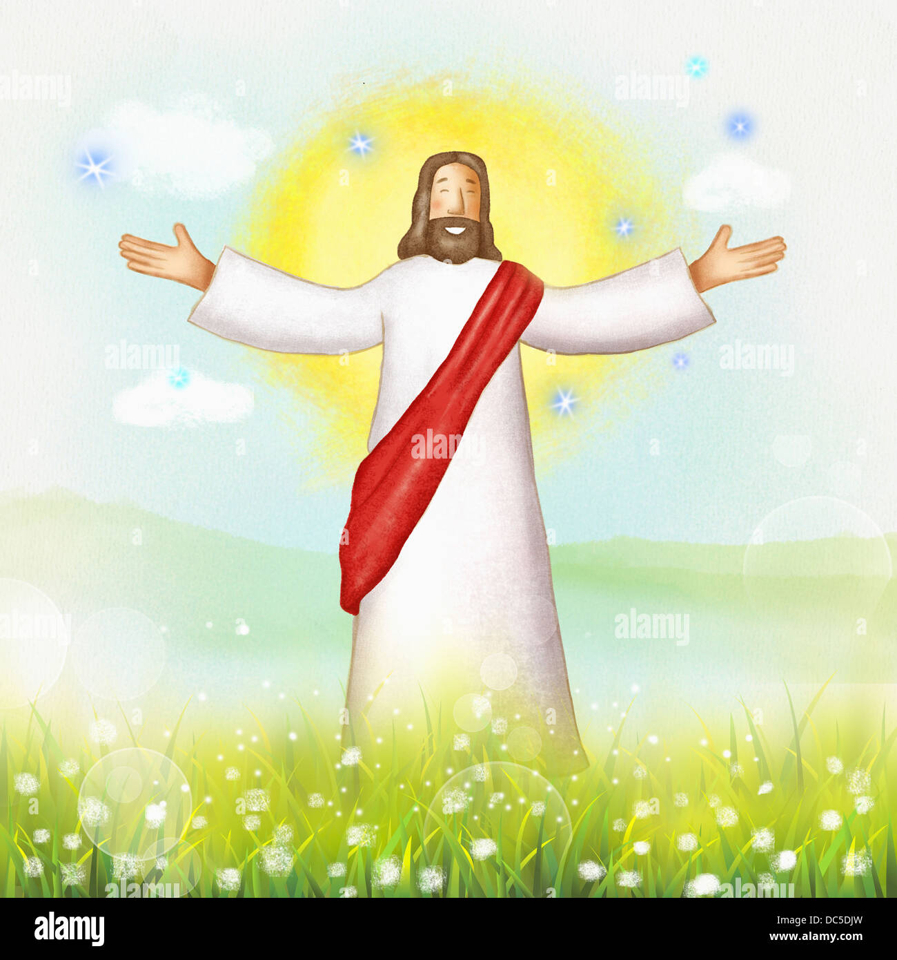 illustration of Jesus on grass and flowers Stock Photo