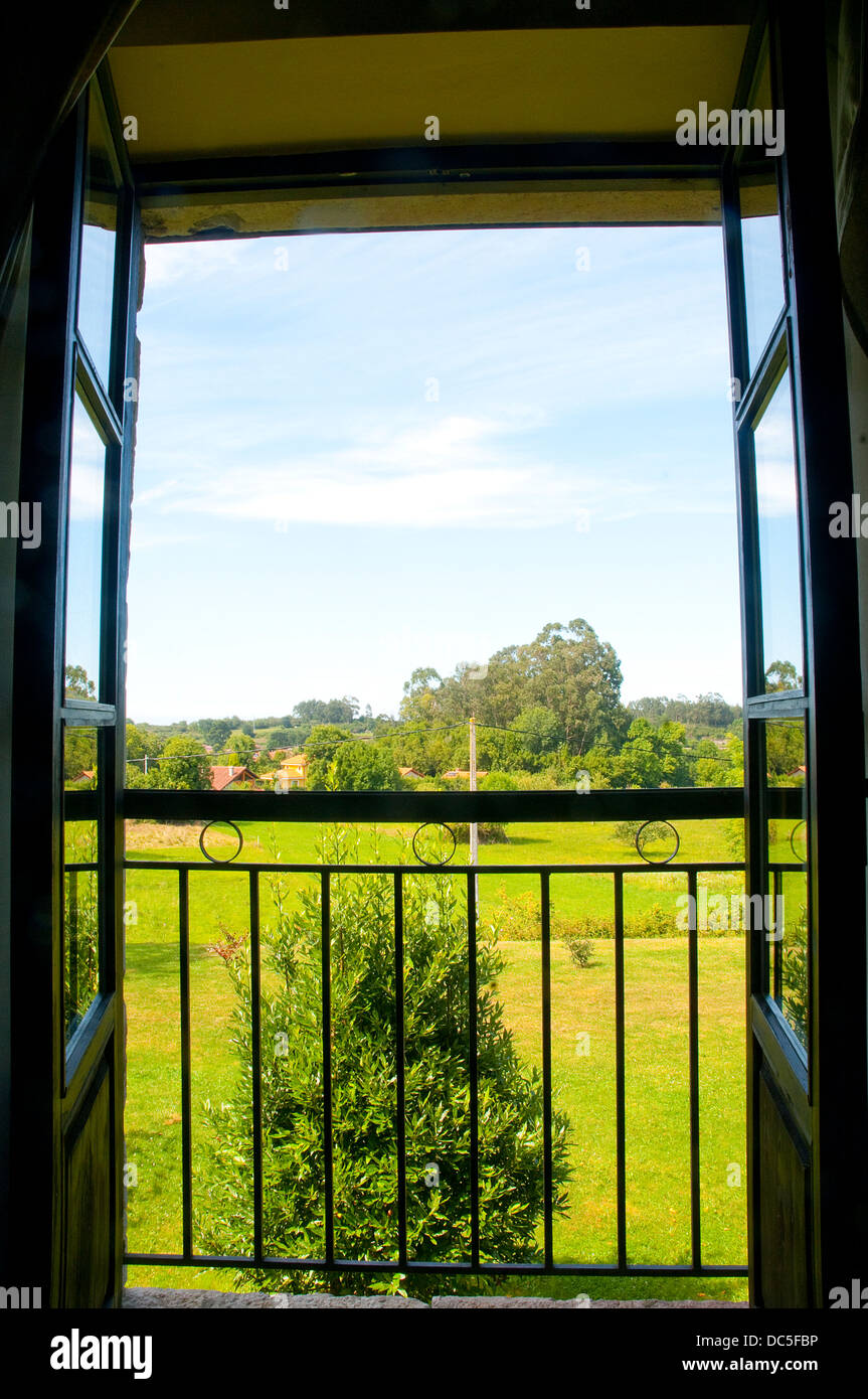 Landscape viewed from a open window. Asturias, Spain. Stock Photo