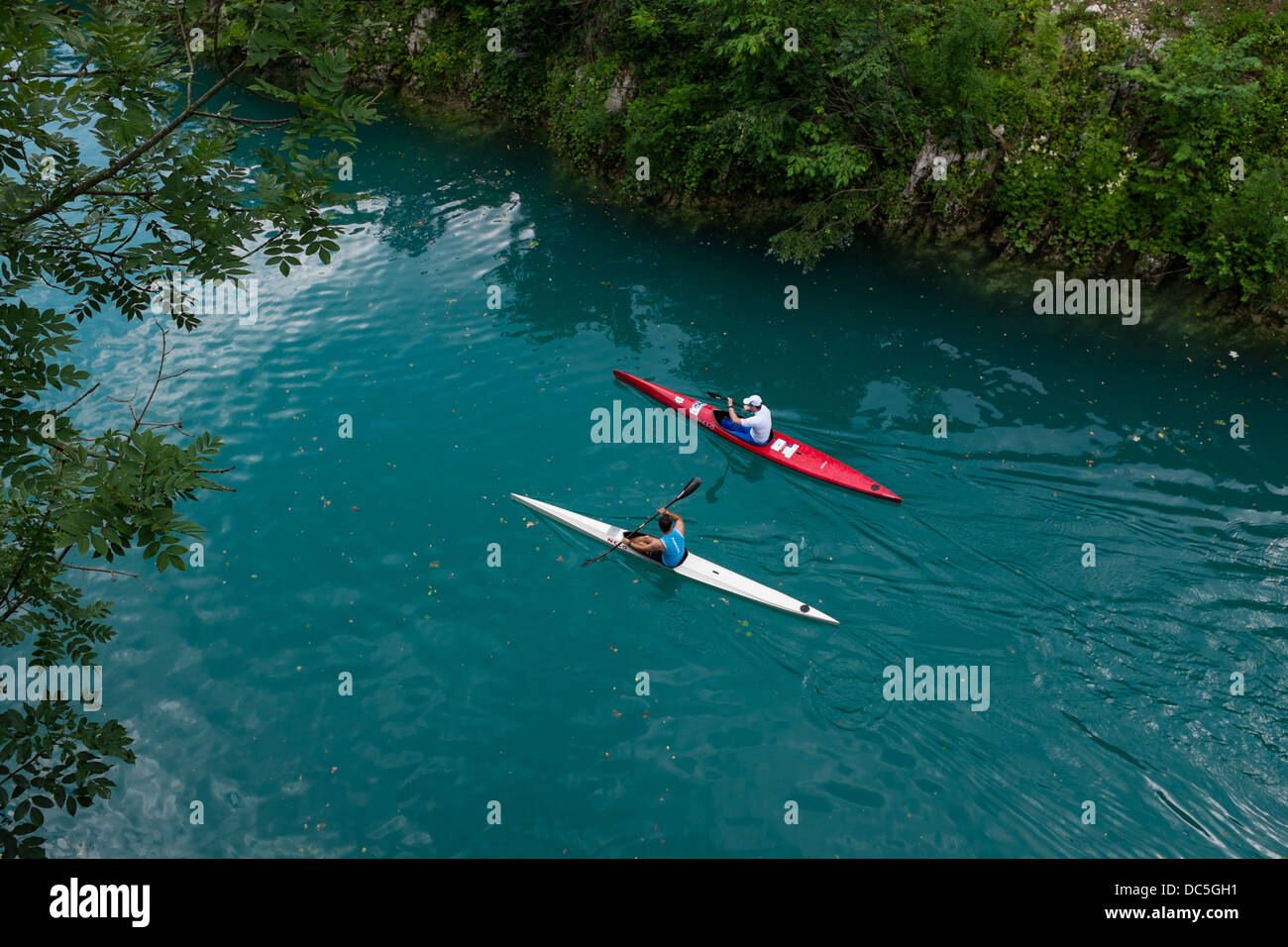 Kayaking in Most na Soci, Soca river, Slovenia Stock Photo