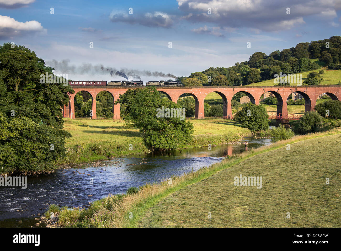 A double headed rail tour train called the Fellsman crosses the viaduct