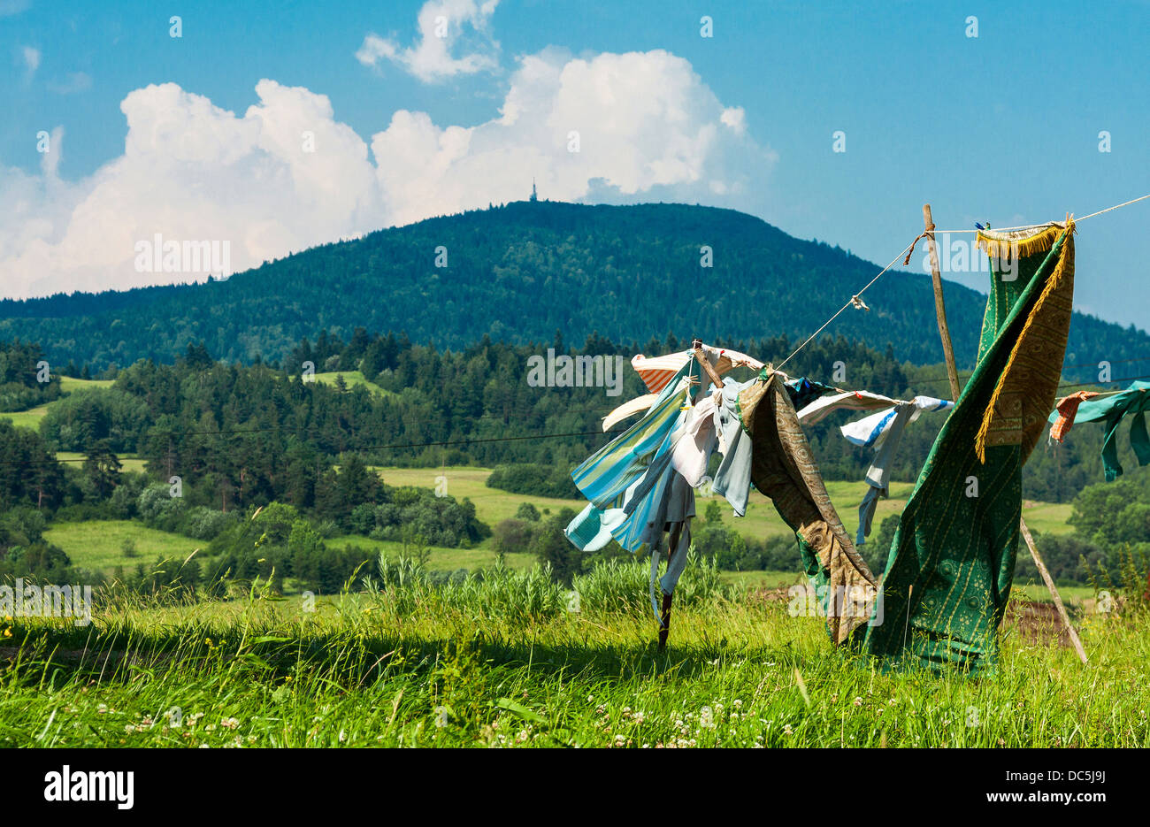 Laundry drying in the wind,Lubon Wielki mount in the background, Poland Stock Photo Alamy