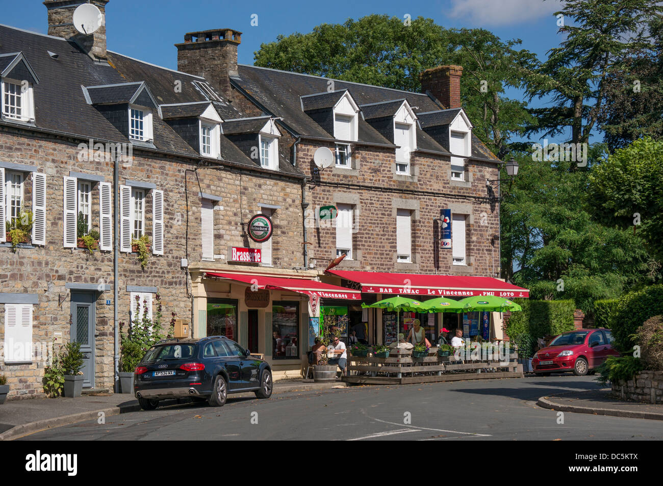 Brasserie/bar/tabac in Clécy centre (in the Calvados department of Normandy, north west France). Stock Photo