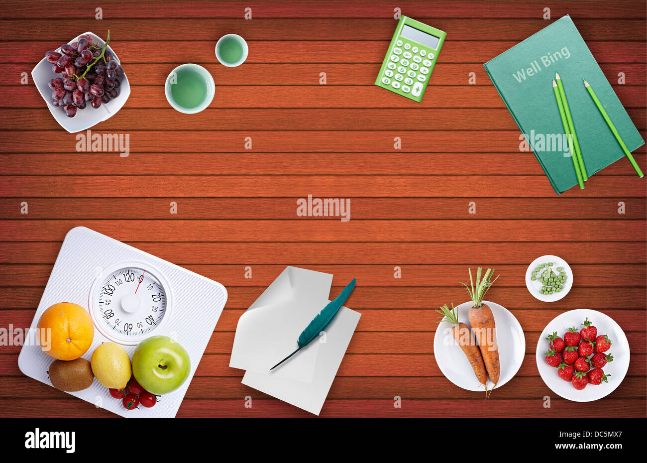 illustration of a wooden table with fruits Stock Photo - Alamy