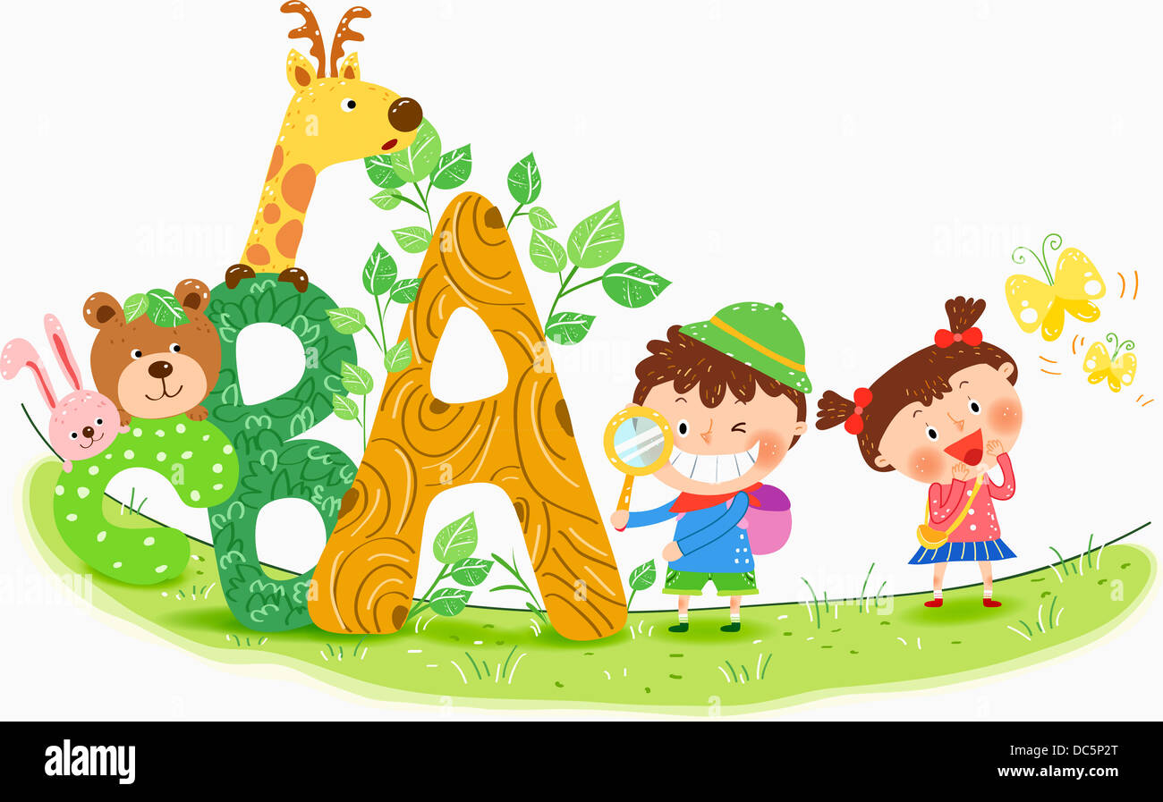 illustration of kids playing with alphabets Stock Photo - Alamy