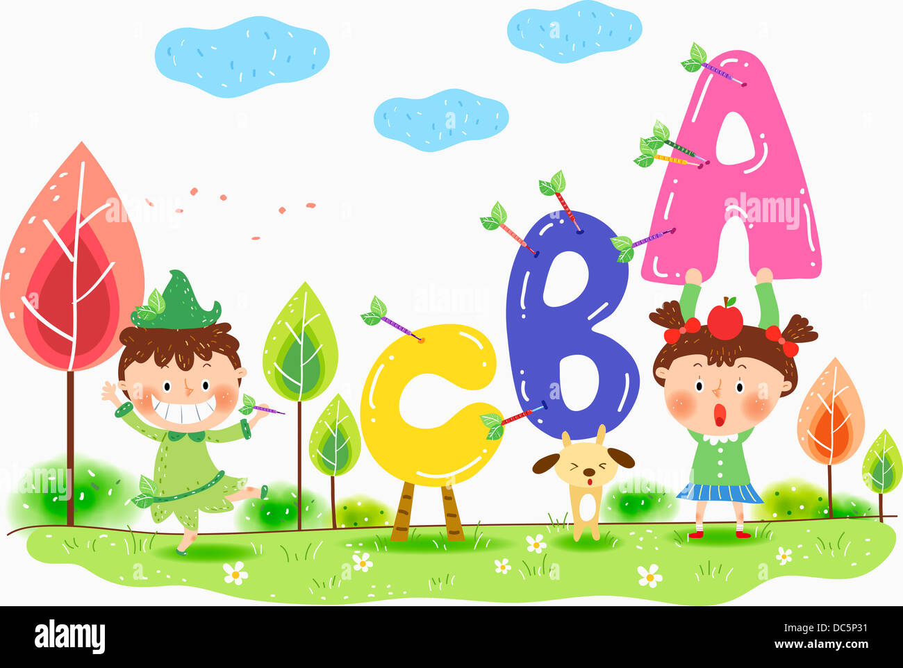 illustration of kids playing with alphabets Stock Photo - Alamy