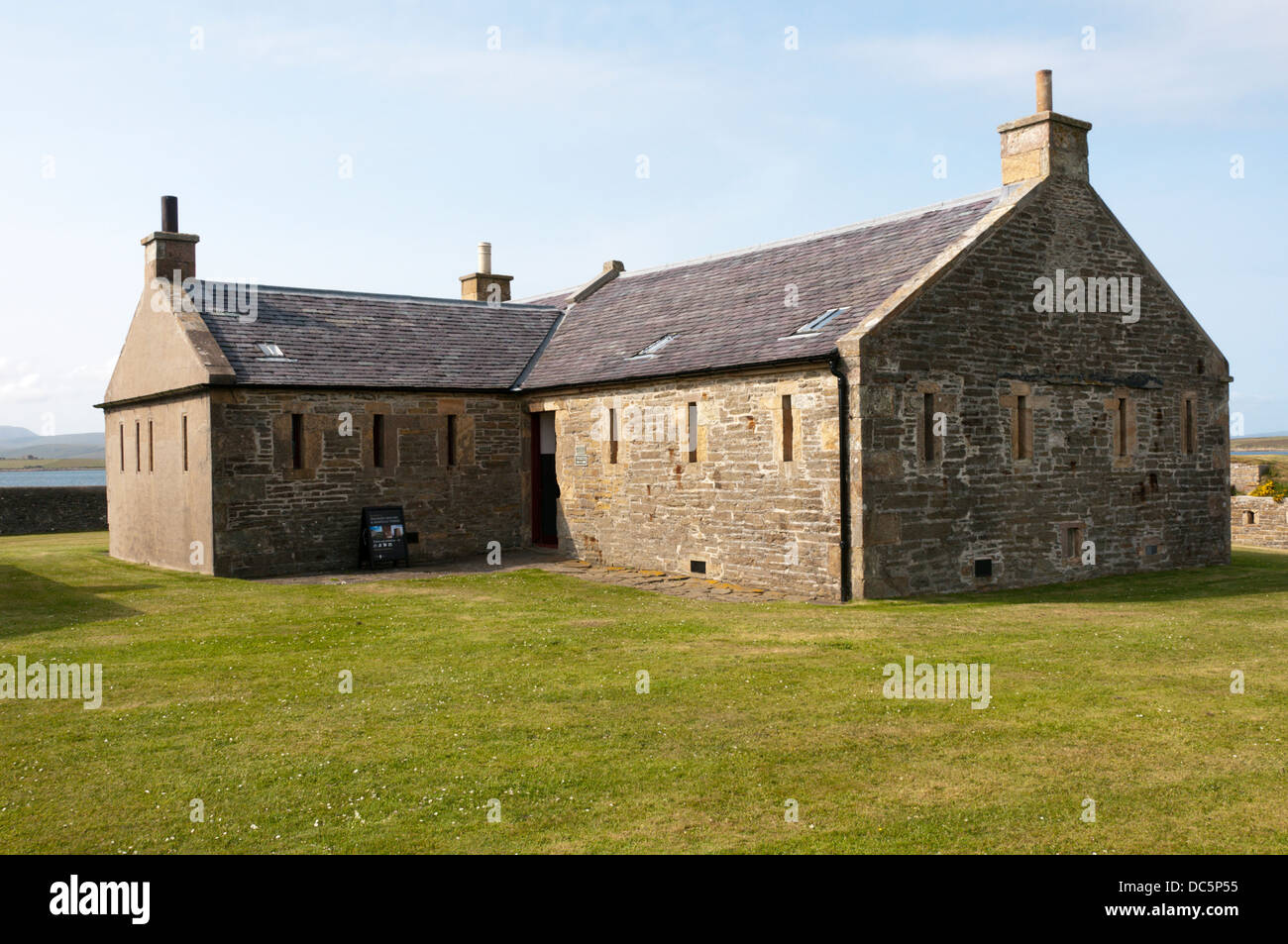 The barracks at Hackness Battery with the Master Gunner's quarters on the left. Stock Photo