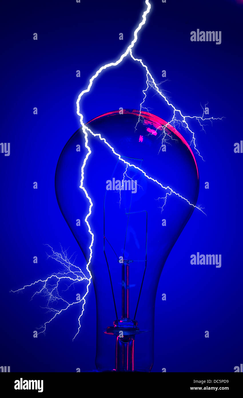 conceptual image of light bulb and lightning Stock Photo
